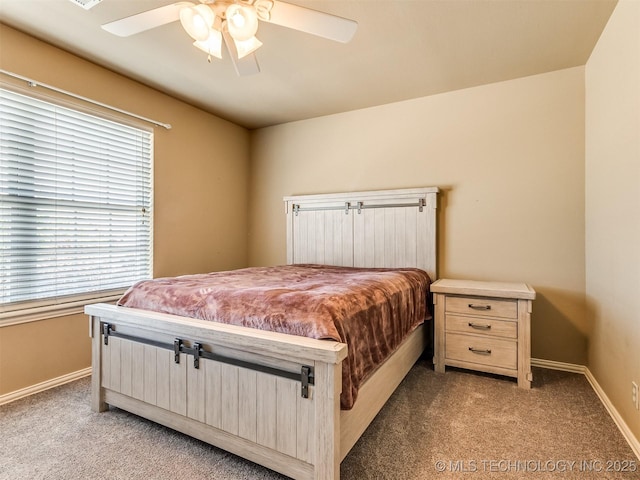 bedroom with ceiling fan and light colored carpet