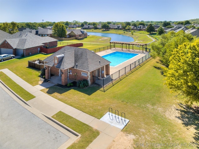 bird's eye view with a water view