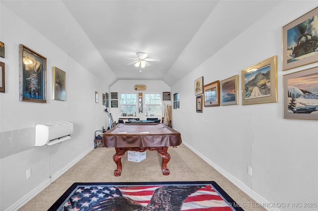 game room featuring carpet flooring, ceiling fan, lofted ceiling, and pool table