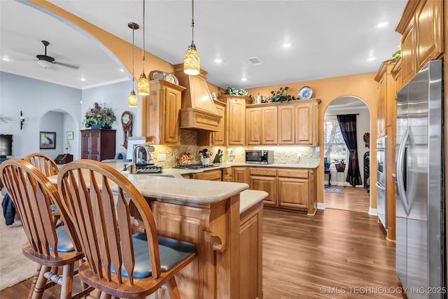 kitchen with premium range hood, ceiling fan, tasteful backsplash, kitchen peninsula, and stainless steel appliances