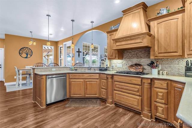 kitchen with sink, premium range hood, pendant lighting, decorative backsplash, and appliances with stainless steel finishes