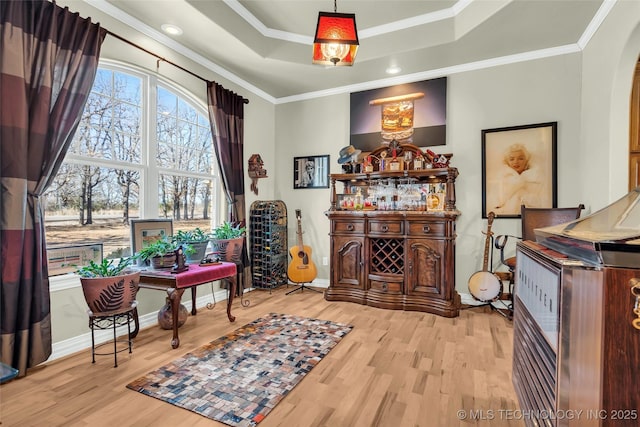 sitting room featuring light hardwood / wood-style floors, ornamental molding, and a tray ceiling