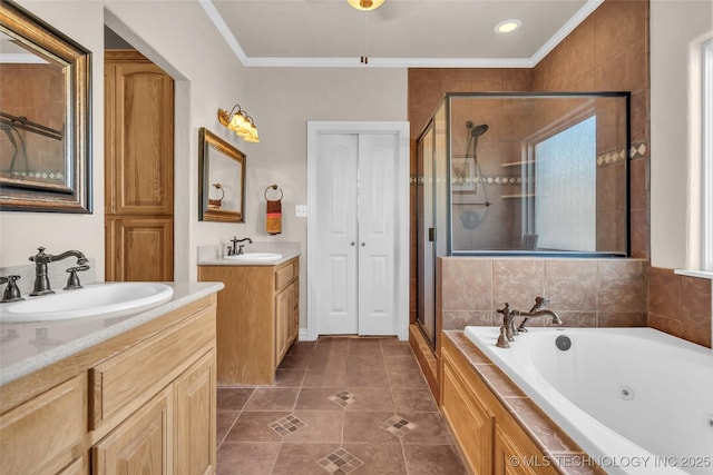 bathroom featuring crown molding, tile patterned flooring, vanity, and independent shower and bath