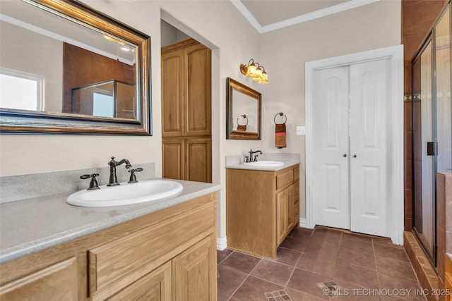 bathroom with tile patterned flooring, vanity, an enclosed shower, and crown molding