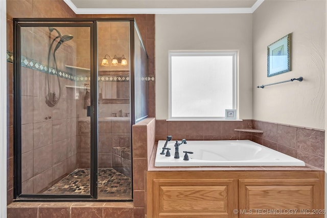 bathroom with crown molding and plus walk in shower