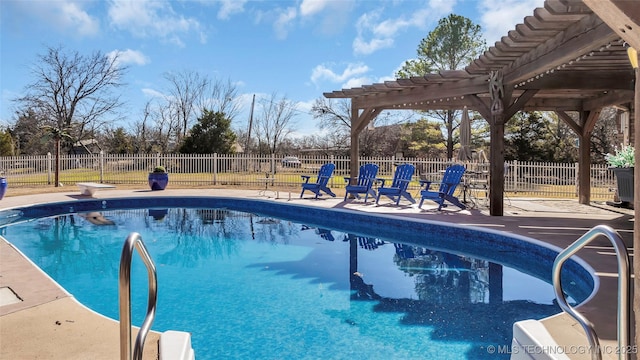 view of swimming pool with a pergola and a diving board