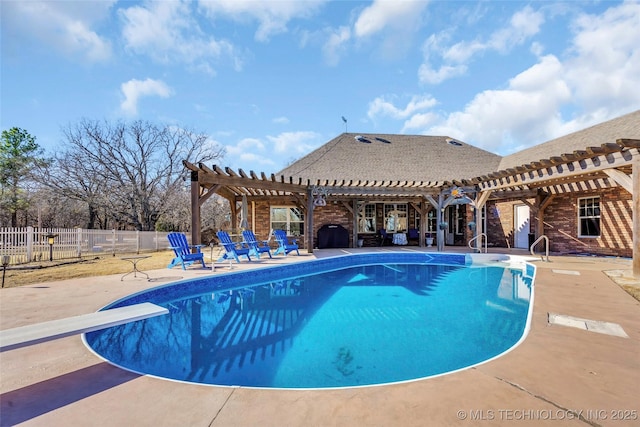 view of pool featuring a grill, a diving board, a patio area, and a pergola