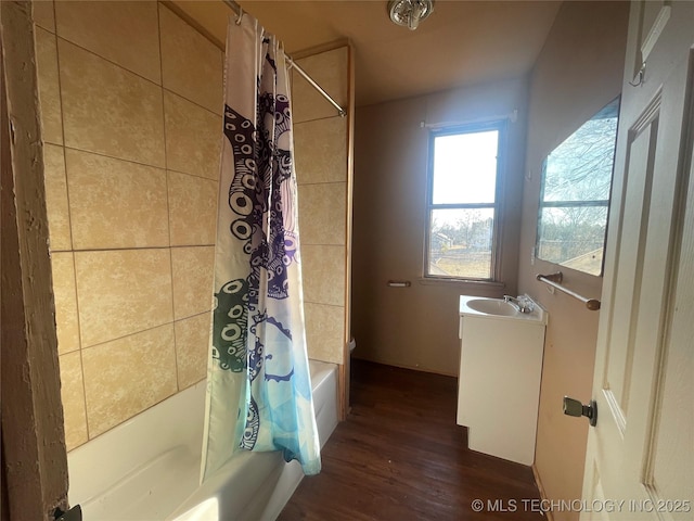 bathroom featuring vanity, shower / tub combo, and hardwood / wood-style flooring