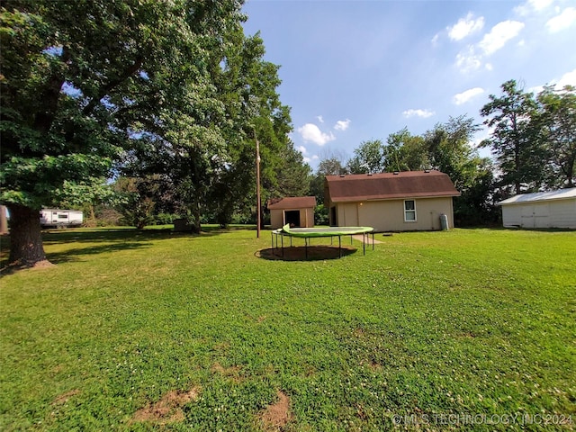 view of yard featuring an outdoor structure and a trampoline