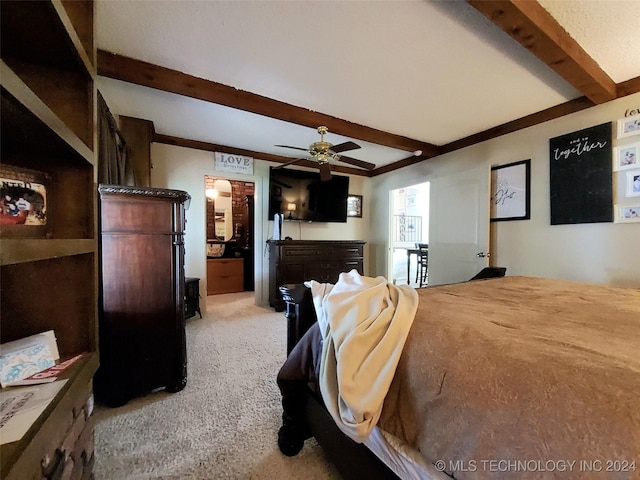 bedroom with beamed ceiling, ceiling fan, and light carpet