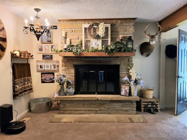 carpeted living room featuring a notable chandelier, a stone fireplace, and a textured ceiling