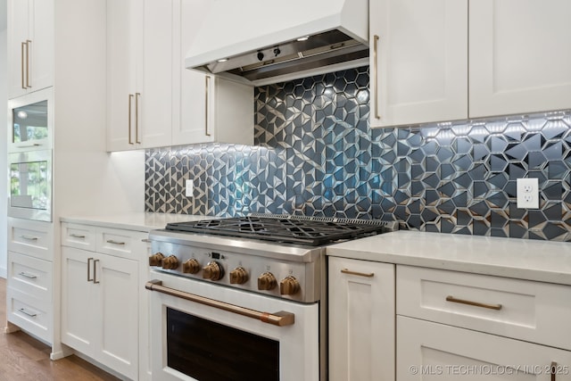 kitchen with white cabinetry, light stone counters, custom range hood, gas range oven, and decorative backsplash