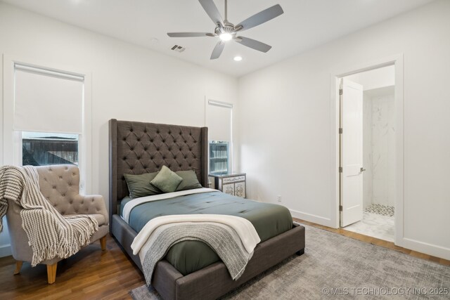 bedroom featuring wood-type flooring and ceiling fan