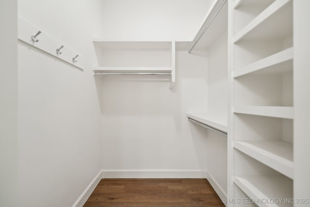 walk in closet with dark hardwood / wood-style flooring