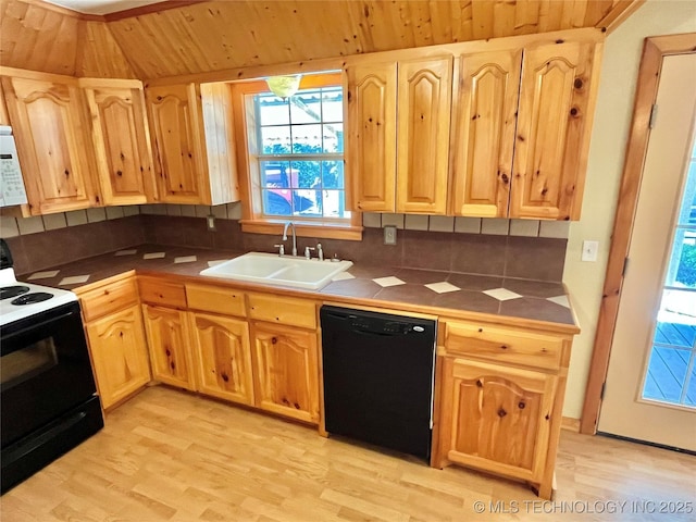 kitchen with tasteful backsplash, electric stove, sink, dishwasher, and light hardwood / wood-style floors