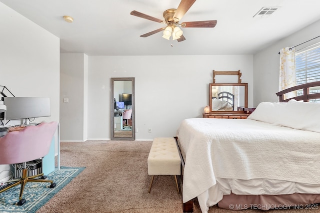 bedroom featuring carpet floors and ceiling fan