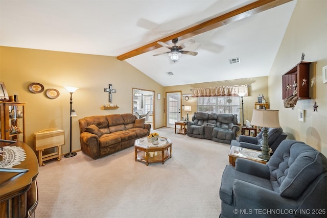 living room featuring light carpet, visible vents, lofted ceiling with beams, and ceiling fan