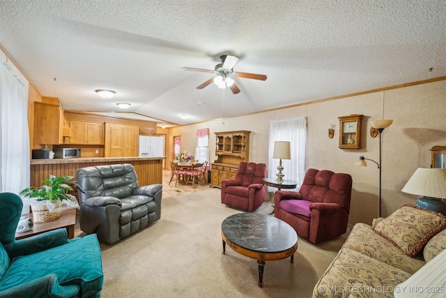 living room with light carpet, a ceiling fan, a textured ceiling, crown molding, and lofted ceiling