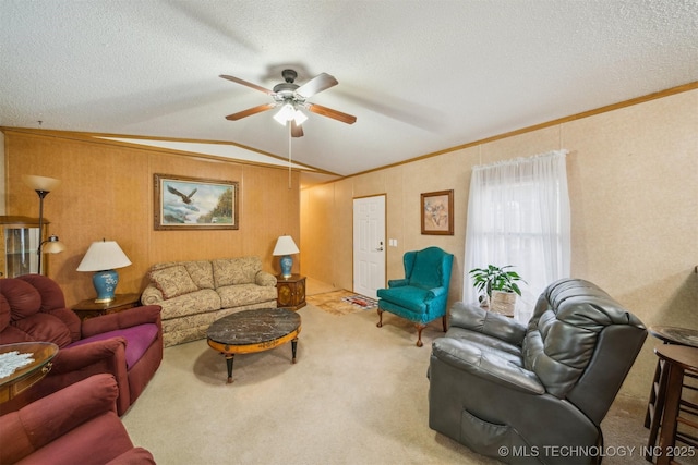 carpeted living room featuring a textured ceiling, crown molding, and vaulted ceiling