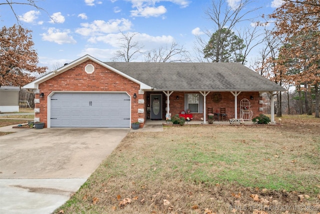 ranch-style home featuring brick siding, covered porch, concrete driveway, and a shingled roof