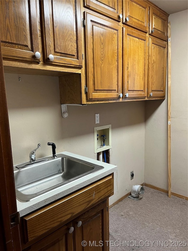 laundry room with sink, cabinets, hookup for an electric dryer, hookup for a washing machine, and light carpet