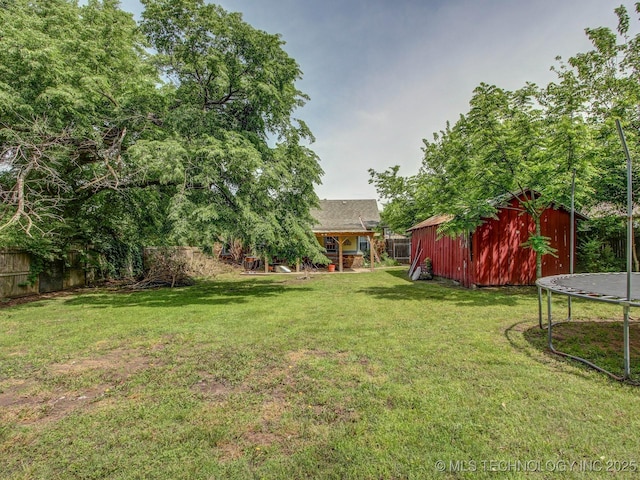 view of yard featuring a storage shed and a trampoline