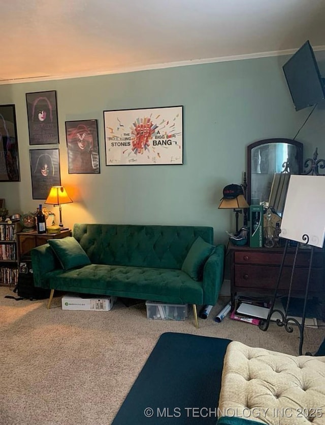 carpeted living room featuring crown molding