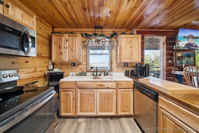 kitchen with a chandelier, stainless steel appliances, hanging light fixtures, and wooden walls