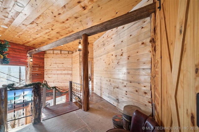 additional living space with wooden ceiling and wood walls