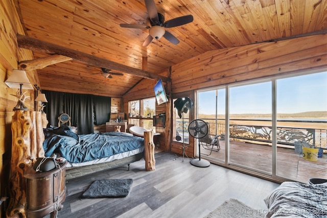 bedroom with lofted ceiling with beams, wood-type flooring, wood ceiling, and access to outside