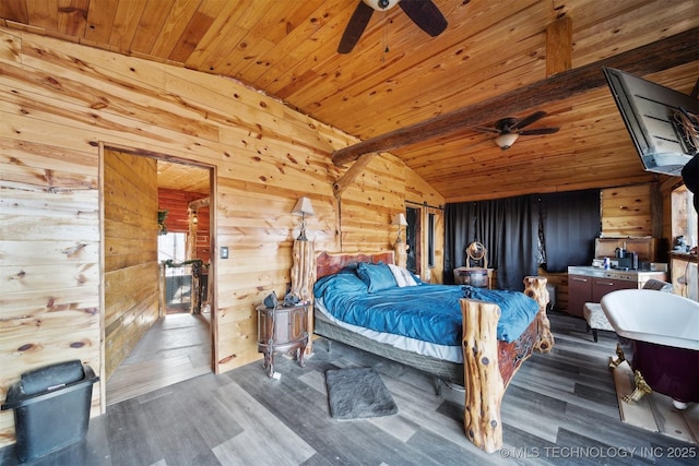 bedroom with lofted ceiling with beams, dark hardwood / wood-style flooring, wooden ceiling, and wooden walls