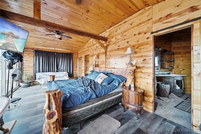 bedroom with vaulted ceiling with beams, wooden walls, wooden ceiling, and wood-type flooring