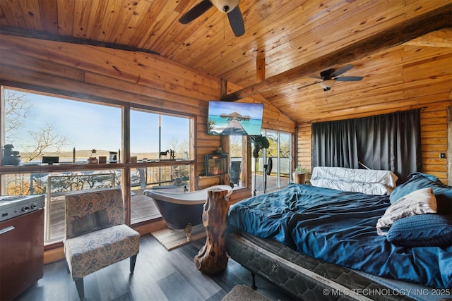 bedroom featuring log walls, dark wood-type flooring, wooden ceiling, vaulted ceiling, and multiple windows