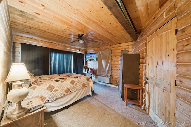 bedroom with carpet flooring, beam ceiling, ceiling fan, wood walls, and wood ceiling