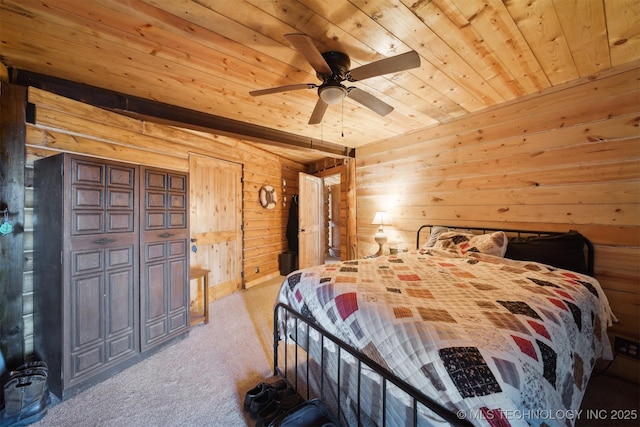 bedroom featuring light carpet, ceiling fan, wooden walls, and wood ceiling