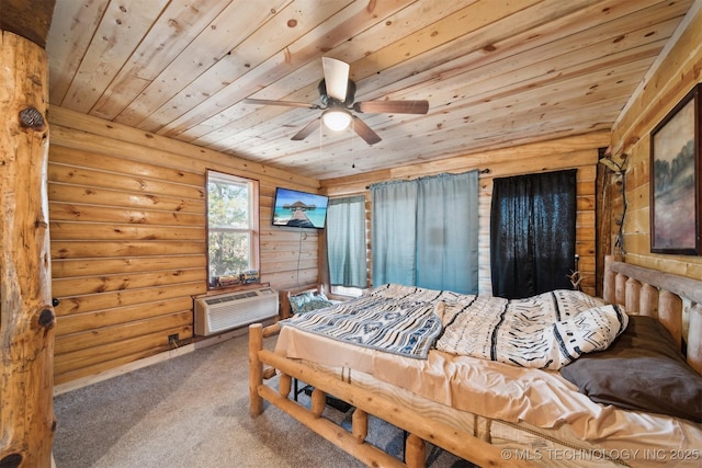 bedroom with carpet flooring, rustic walls, ceiling fan, wooden ceiling, and a wall mounted air conditioner