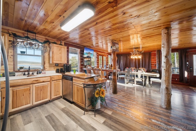 kitchen featuring dishwasher, light wood-type flooring, wooden ceiling, and decorative light fixtures