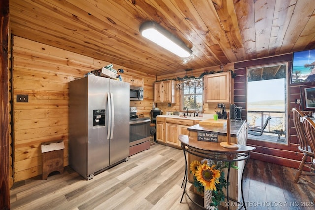 kitchen with light brown cabinetry, wood ceiling, stainless steel appliances, wooden walls, and light hardwood / wood-style floors