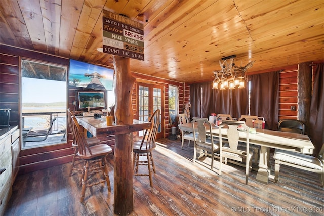 dining room featuring wood walls, wood ceiling, and wood-type flooring