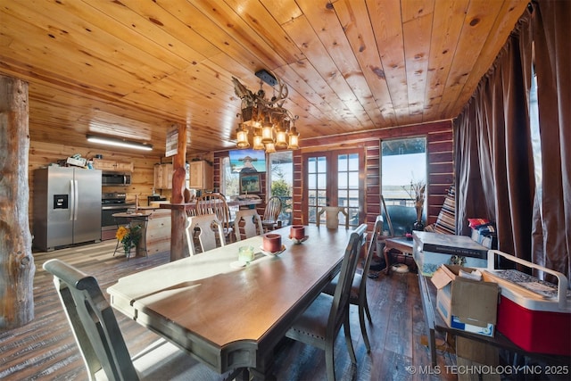 dining area featuring dark hardwood / wood-style flooring, a notable chandelier, wooden ceiling, and wood walls