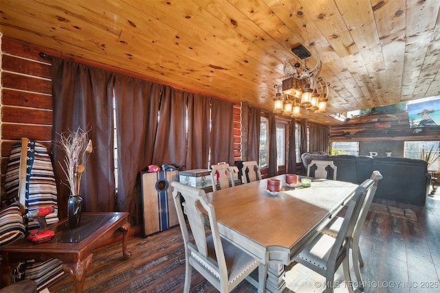 dining space with a notable chandelier, dark hardwood / wood-style floors, wood ceiling, and wooden walls