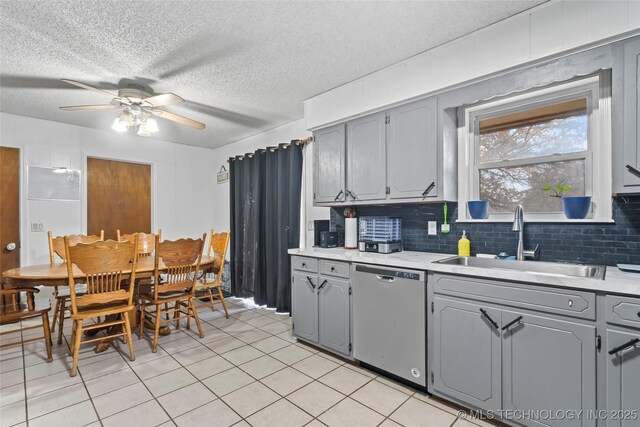 kitchen with stainless steel dishwasher, gray cabinetry, and sink