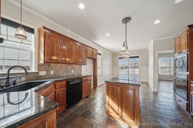 kitchen featuring black appliances, stone tile floors, crown molding, and a sink