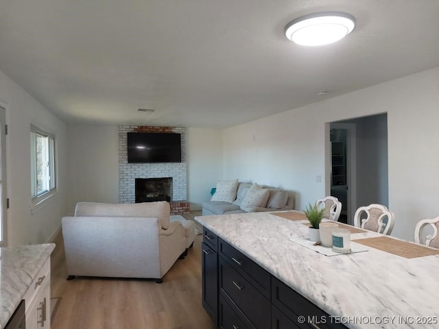 living room with a fireplace and light hardwood / wood-style flooring