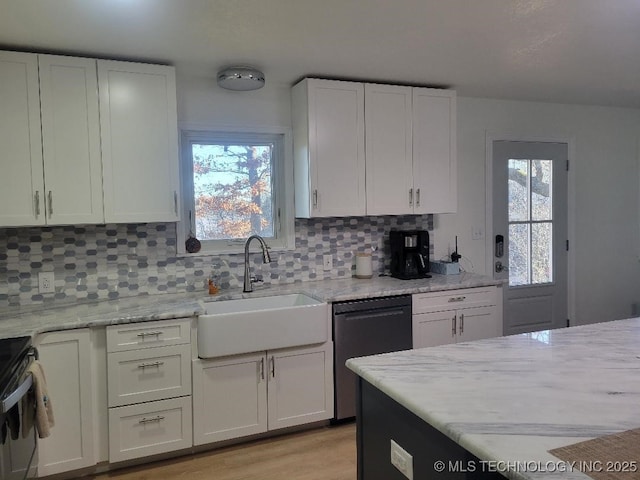 kitchen featuring white cabinets, dishwasher, sink, and tasteful backsplash