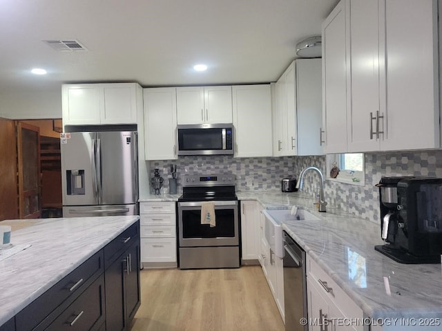 kitchen with light stone countertops, backsplash, stainless steel appliances, sink, and white cabinetry