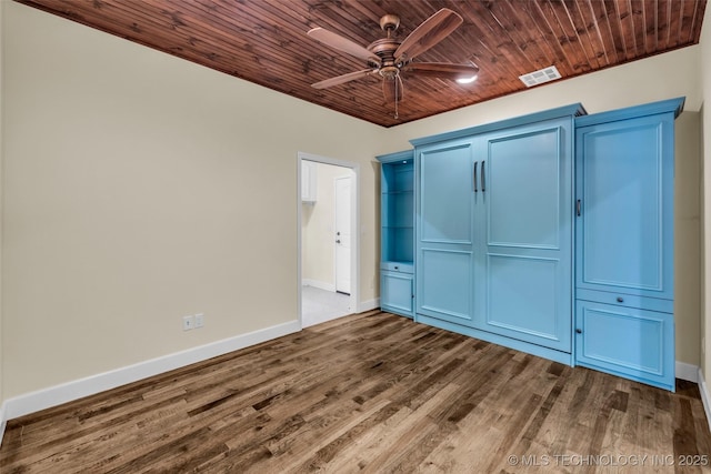 unfurnished bedroom featuring ceiling fan, wood ceiling, and hardwood / wood-style flooring