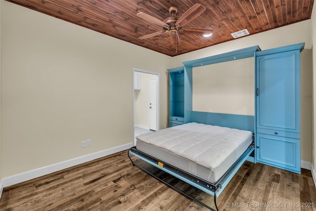 bedroom with ceiling fan, wood ceiling, and dark hardwood / wood-style floors