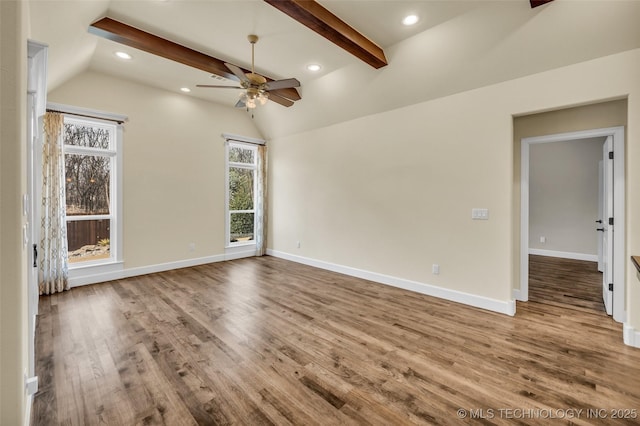 empty room with vaulted ceiling with beams, light hardwood / wood-style floors, and ceiling fan