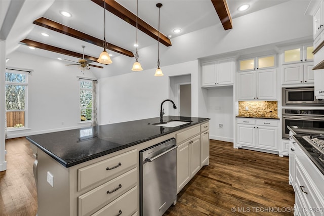 12050 S 68th E Ave E, Bixby, OK 74008 - kitchen with stainless steel appliances, ceiling fan, beam ceiling, dark wood-type flooring, and decorative backsplash
